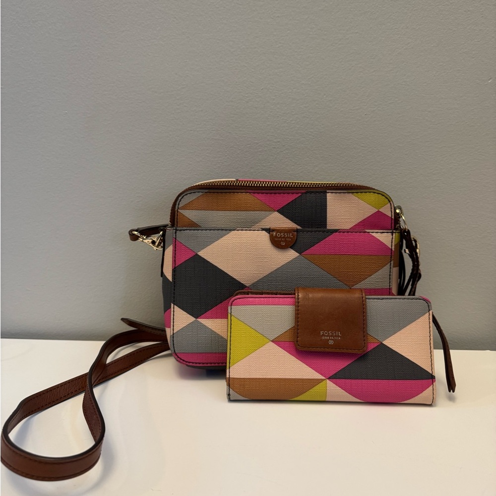 Fossil Y2K Keyper Geometric Patterned Crossbody Bag with Matching Wallet Set